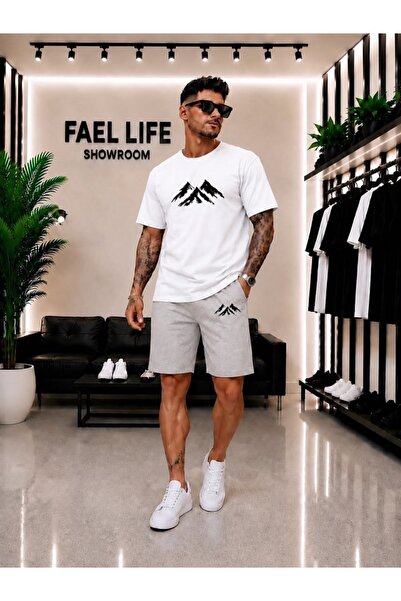 FAEL LİFE Unisex Wide Cut T-Shirt and Shorts Set with Mountain View Print