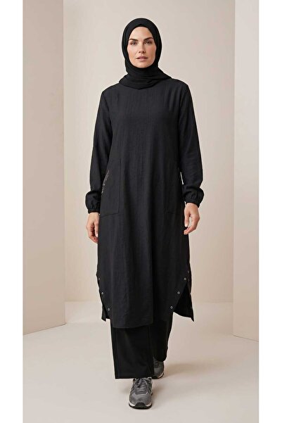 ECE GİYİM Women's Circular Neck Tunic with Elastic Sleeves and Pockets, Oval Slits
