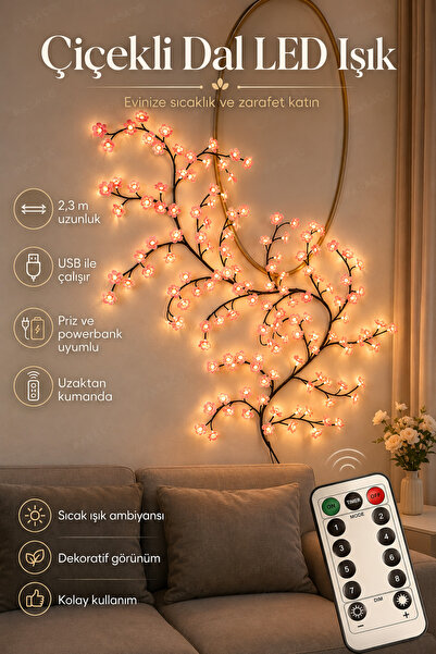 PASACO Kiraz Çiçeği Sakura Dal LED Duvar Işığı 144 LED USB Kumandalı 8 Modlu ...