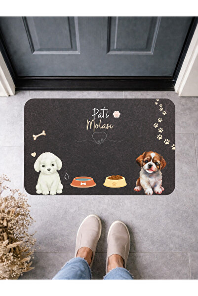 BERT "Pati Molası" Köpek Desenli Kapı Önü ve Mama Kabı Altlığı Paspas 70x45 c...