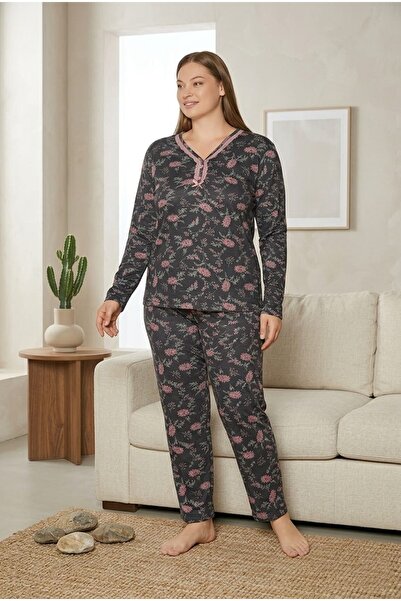 ONZ MODALOVE KADIN BÜYÜK BEDEN VISKON PIJAMA TAKIMI UZUN KOLLU DESENLI RAHAT ...