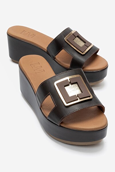 LuviShoes Hiola Brown Genuine Leather Buckle Women's Wedge Heeled Slippers