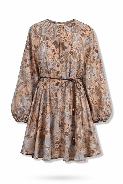 5in1Canpolat Brown Rope Belted Patterned Dress