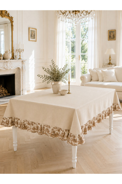 linea natura home Kahve Keten Fransız Köylü Desenli Fırfırlı Masa Örtüsü Vint...