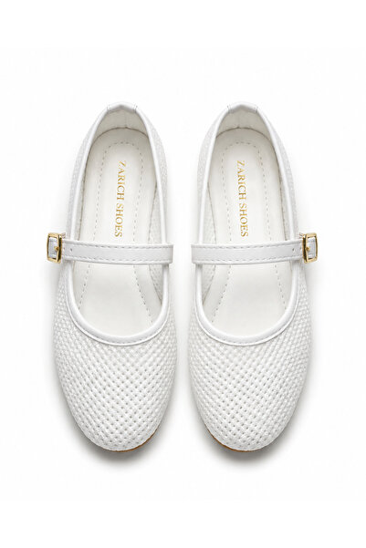 ZARICH Viola White Knitted Textured Elastic Belt Detailed Gold Buckle Flat So...