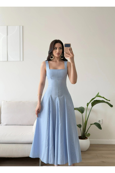 Zoom Butik Pötikareli Midi Elbise - MAVİ
