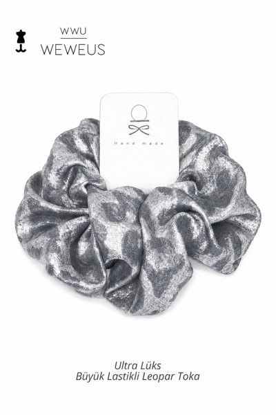 Weweus Scrunchie mare din elastic satinat premium cu imprimeu leopard gri