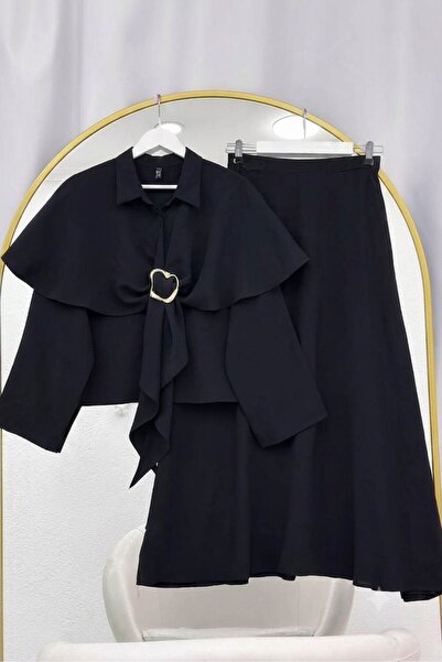 VOLT CLOTHİNG Pelerin Gold Toka Detaylı Etekli Takım