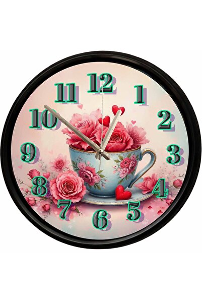 Caseras Decorative Wall Clock with Rose Bouquet and Heart Detail Cup Design 2...
