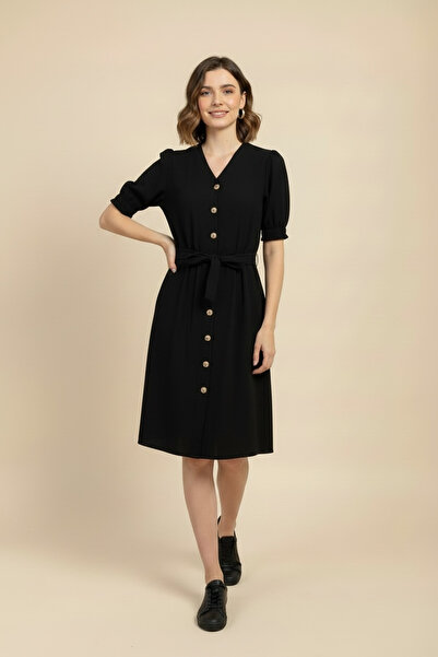 Pitti Rochie de damă neagră, cu aspect de in, midi, cu curea și nasturi, cu m...