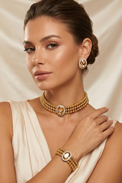 Happyline Oval Bal Taşlı Gold Boncuklu Choker Set Takım, Gold Boncuk Kolye , ...