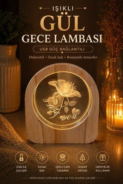 BENT Ahşap Tabanlı Gül Desenli Işıklı Gece Lambası USB Bağlantılı Dekoratif M...