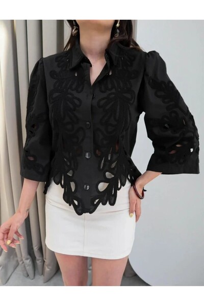 salome butik AJURLU DANTEL CROP POPLİN GÖMLEK