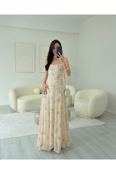 LUUNA STORE EKRU DESENLİ FULARLI MAXİ ELBİSE