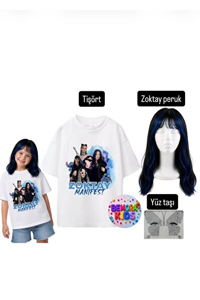 bemora kids manifest zoktay peruk set baskılı tişört + zoktay saç peruk + yüz...