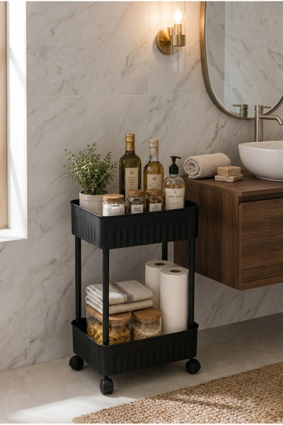 ESSEN DESİGN Premium Çift Katlı Tekerlekli Banyo Ve Mutfak Düzenleyici Raf Or...