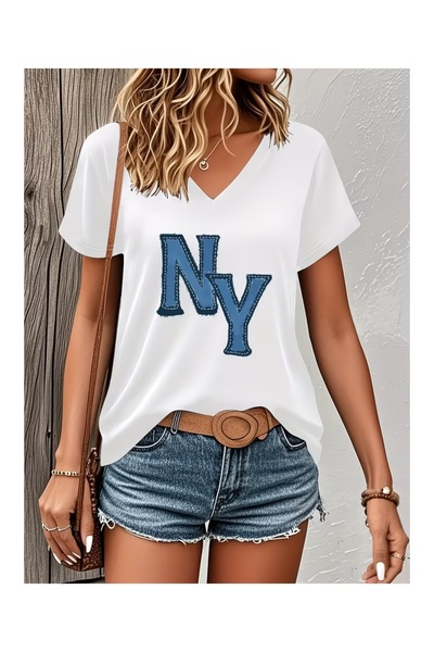 WOODROFFE Women's V-Neck Ny Printed T-Shirt Oversize Casual