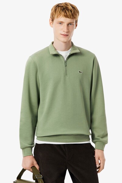 Lacoste سويت شيرت من الصوف الأخضر بسحاب وياقة عالية من القطن للرجال باللون ال...