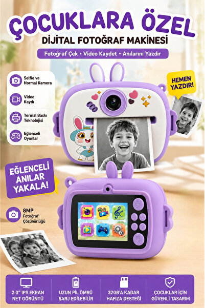 Wair Teknoloji Tavşan Temalı Çocuk Dijital Fotoğraf Makinesi Termal Baskılı K...