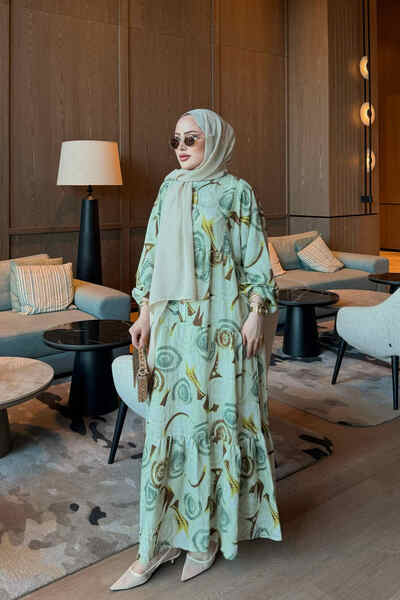 İmajButik Olive Half Buttoned Sleeves Elasticized Patterned Viscose Dress