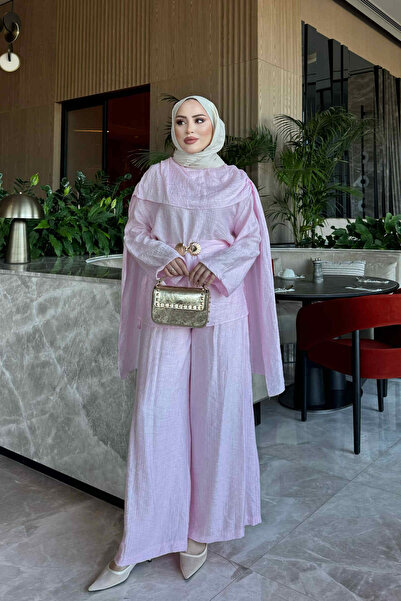 İmajButik Pembe Yaka Şal Detaylı Tunik Pantolonlu Takım