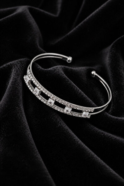 THE Steel Silver Baguette Zircon Stone Women's Cuff Bracelet