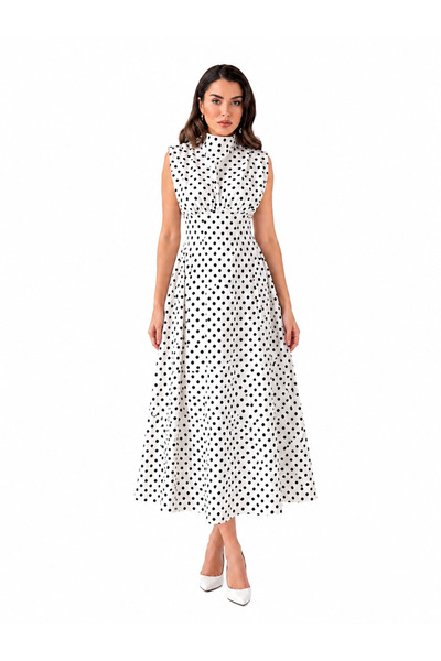 vulgariromania Rochie midi elegantă pentru femei, cu buline, fără mâneci, cro...