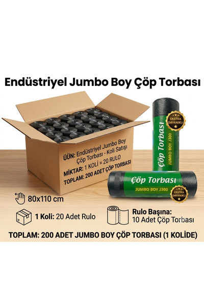 günfleks Günflex Endüstriyel Jumbo Boy Siyah Çöp Torbası, 20 Paket (Toplam 20...