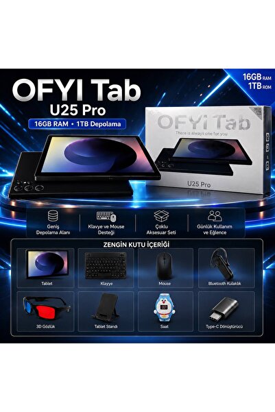 OFYI Tab U25 Pro 16GB RAM 1TB ROM Tablet Klavye Mouse Bluetooth Kulaklık 3D G...