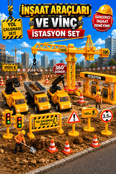Retoys İnşaat Araçları Vinç Ve Kamyon İstasyon Seti Kutulu
