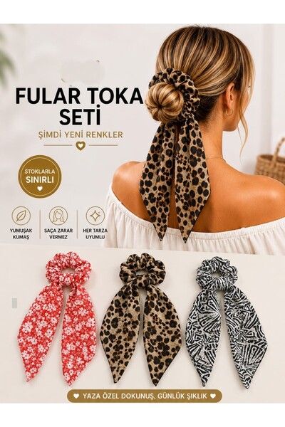 MY TAKI STORE YAZLIK KADIN FULARLI LASTİKLİ 3 LÜ TOKA SETİ