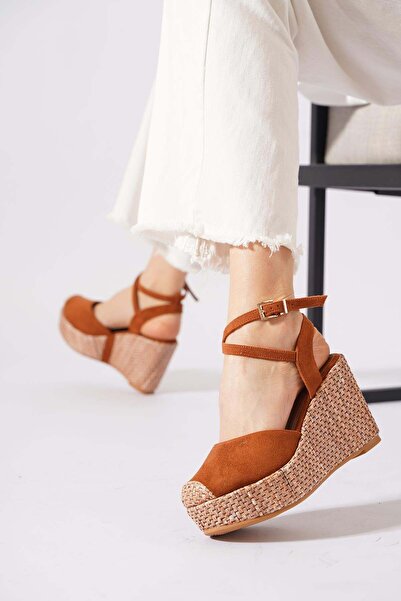 Moda Pie Gekas Wedge Heeled Straw Sole Toe-Toe Straw Women's Sandals Tan Suede