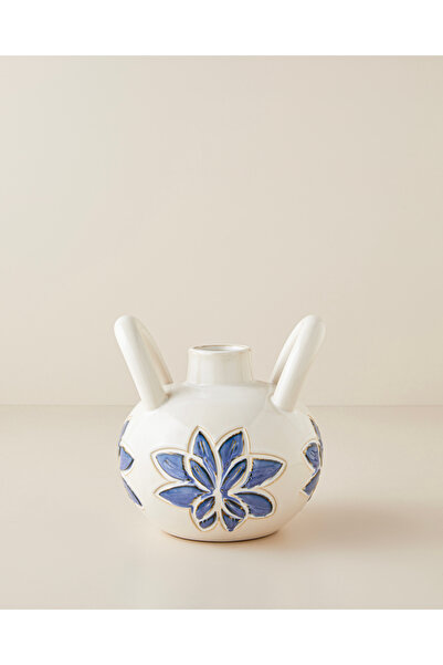 English Home Glance Seramik Vazo 18 cm Beyaz - Mavi