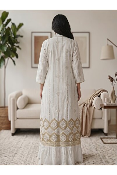 Shams Fashion جلابية تطريز ترتر ثلاث قطع بلون أبيض