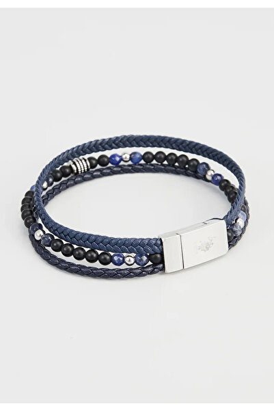 U.S. Polo Assn. Тъмносиня гривна от естествена кожа с мъниста от неръждаема с...