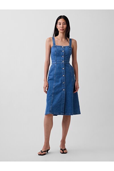 GAP Kadın Mavi Denim Düğmeli Midi Elbise