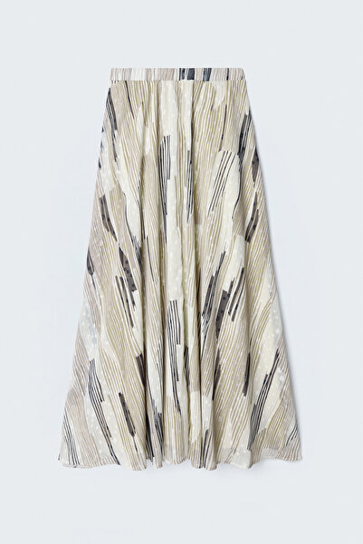 Sateen Patterned Flared Skirt - Beige