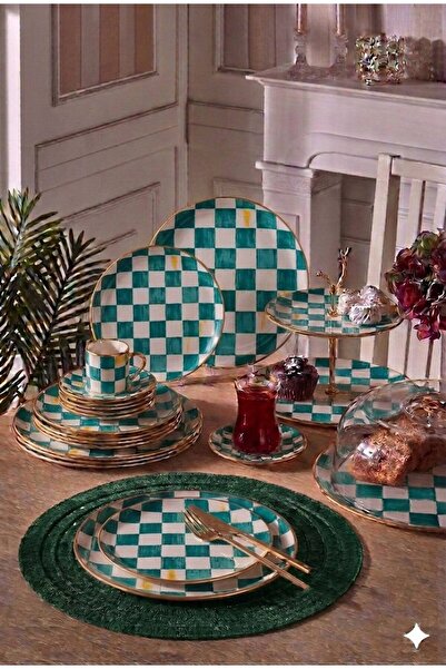 Onedekor 34 Parça Bella Chess Turkuaz Yaldızlı 6 Kişilik Pasta Çay Servis İkr...