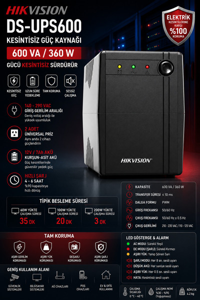 Hikvision 600 VA UPS KESİNTİSİZ GÜÇ KAYNAĞI / Modem UPS / Kamera UPS / Güvenl...