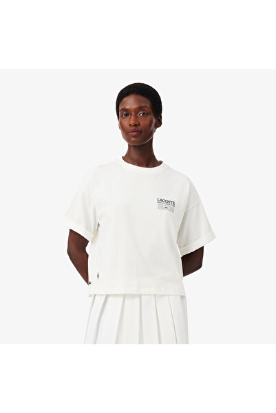 Lacoste Kadın Relaxed Fit Baskılı Beyaz T-Shirt