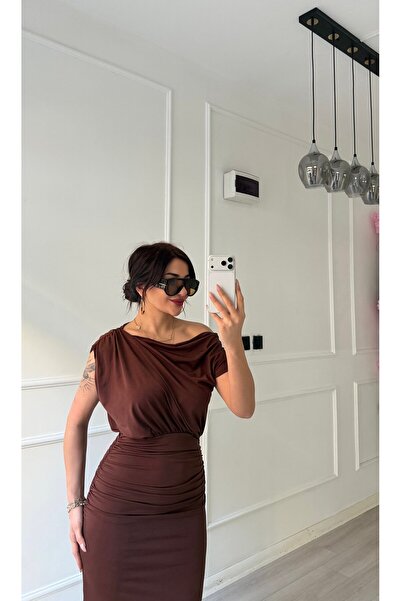 Daves Acı Kahve Asymmetric Collar Stretch Dress