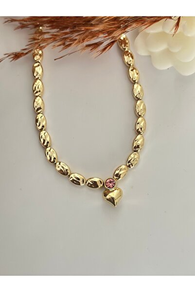 mibrillo Gold boncuk tek taş detaylı kalp kolye