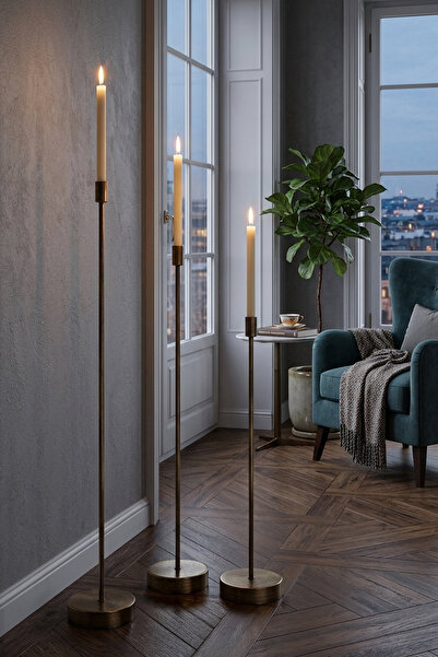 AA HomeLight 3'lü Eskitme Uzun Şamdan Üçlü Mumluk Takımı Dekoratif Ev Aksesua...