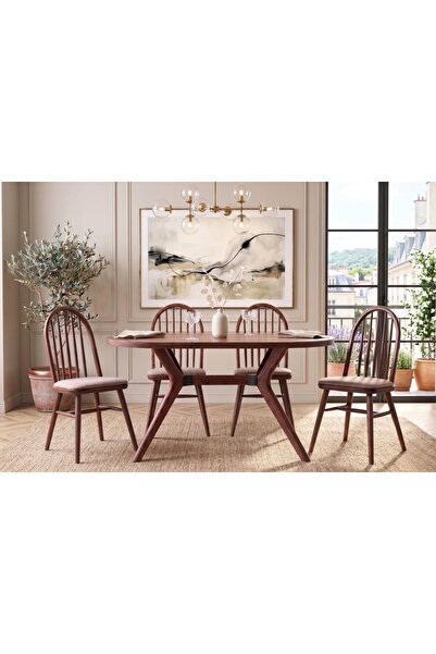 Vivense NORA CEVİZ RENGİ OVAL MASA TAKIMI, 80X130
