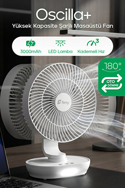 Feny Oscilla 8 İnç 180° Döner Başlıklı Masaüstü Vantilatör 3000mAh Şarjlı LCD...
