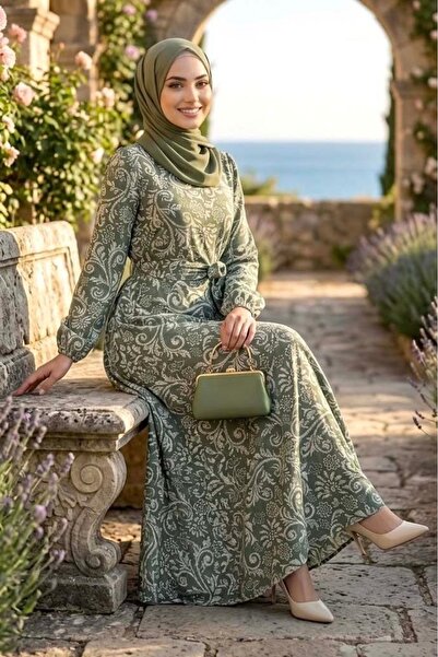 TOFİSA Desenli Kuşaklı Elbise Haki - 28489-HAKI