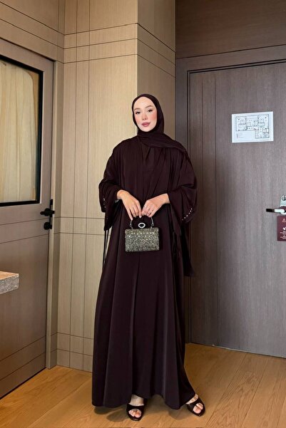 Gülşah collection Abaya cu detaliu elastic la mâneci (șal inclus) - Maro