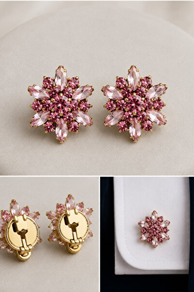 Modex Pembe Kristal Taşlı Çiçek Tasarımlı Gömlek Kol Düğmesi Broş (2 cm)