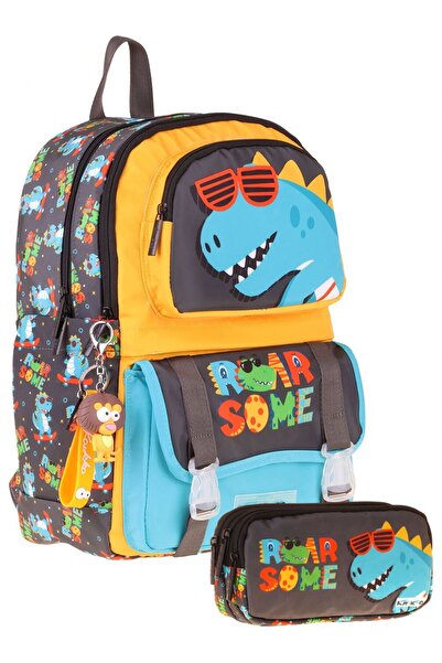 KAUKKO Kids Roar Yellow - Blue Boys' Primary School Backpack and Pencil Case ...
