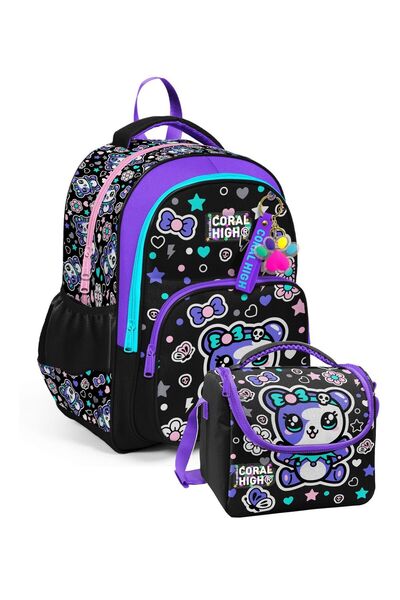 Coral High Girl's Primary School Bag and Lunch Set - Black Purple Teddy Bear ...